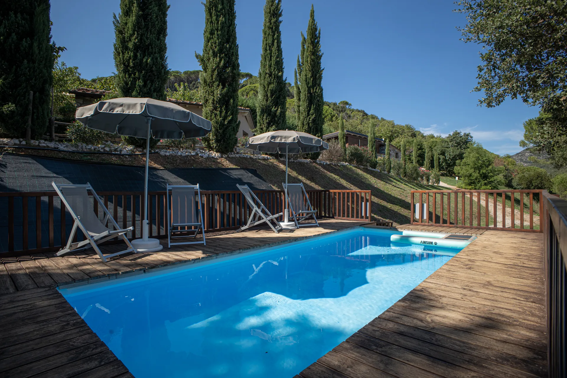 The dog pool and the cypress-lined slope